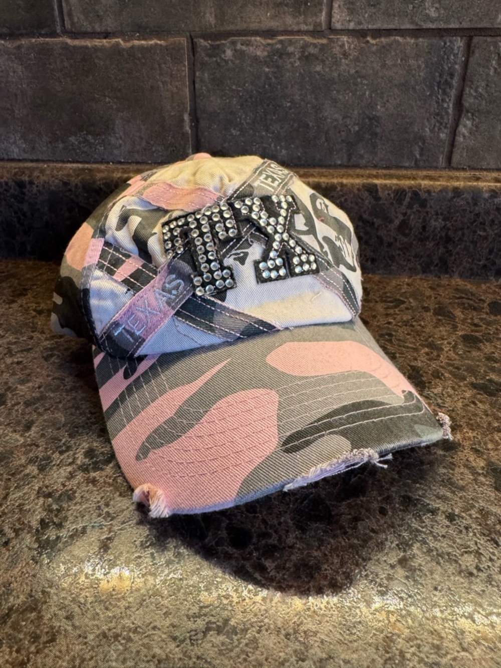 Pink & Gray Camo Bedazzled TX Baseball Adjustable Cap